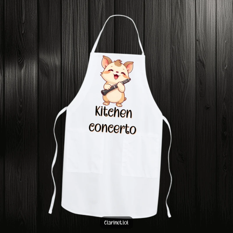 Funny apron showing a small creature with tiny paws holding a clarinet, symbolizing focused effort. Kitchen gift.