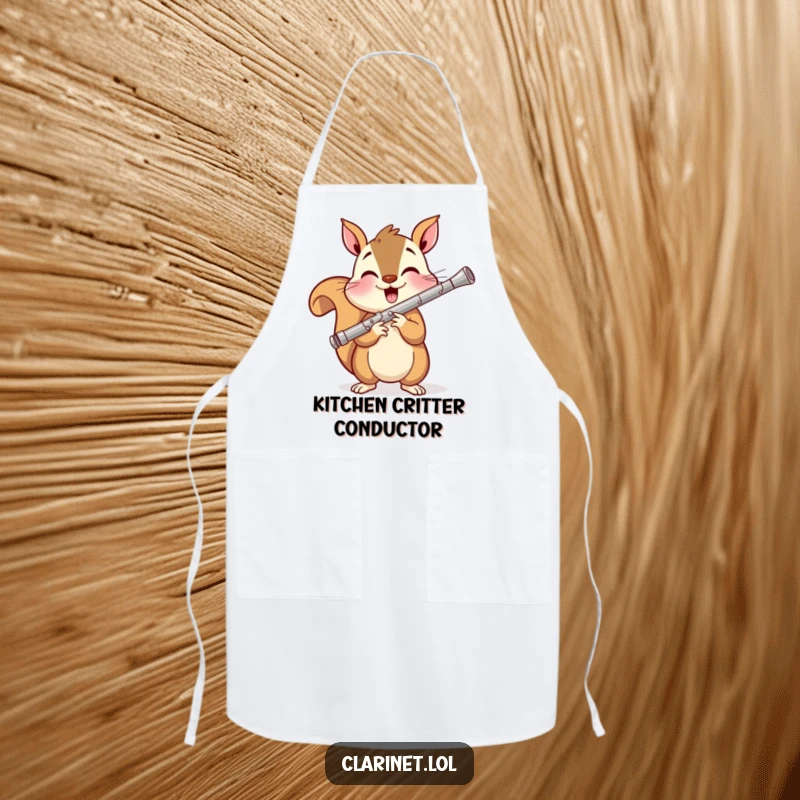 Funny apron depicting a cheerful squirrel playing the clarinet, perfect for kitchen use with a humorous musical theme.