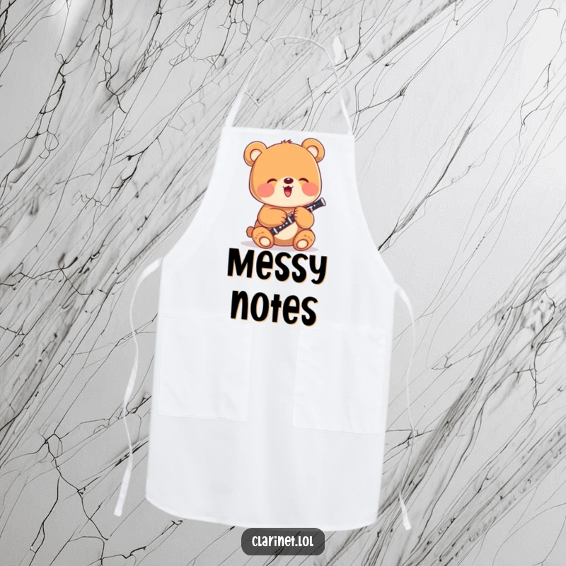 Funny bear cub playing a tiny clarinet while wearing a chef's hat on a kitchen apron, a humorous cooking accessory.