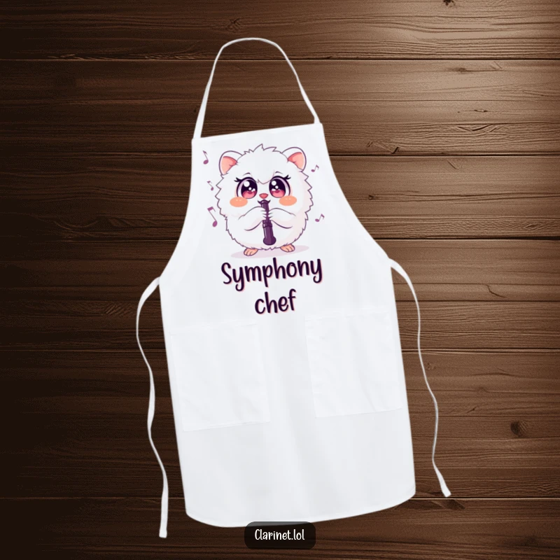 Funny apron with a round, fluffy creature joyfully playing the clarinet, perfect for kitchen fun. Hilarious gift.