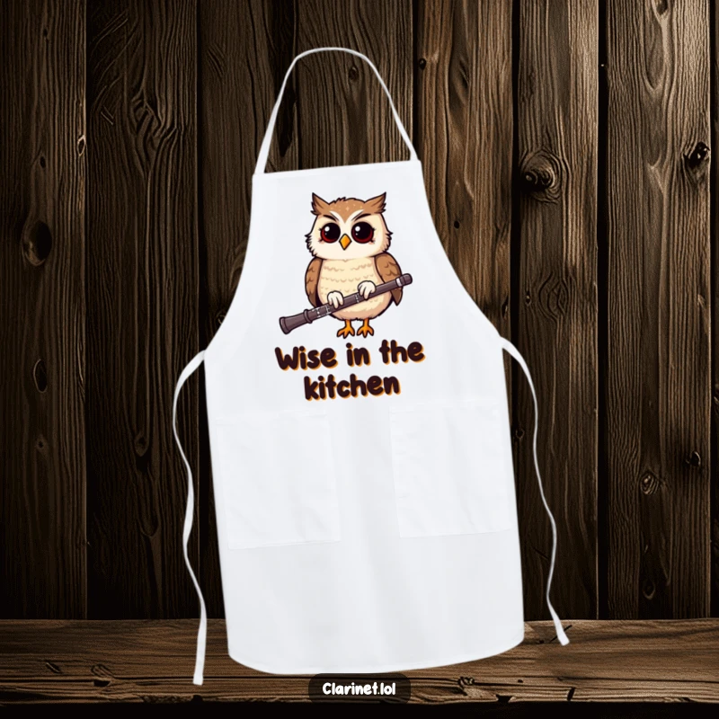 Funny apron showing a giggling owl bobbing its head on a clarinet, perfect for kitchen tasks with a humorous touch.