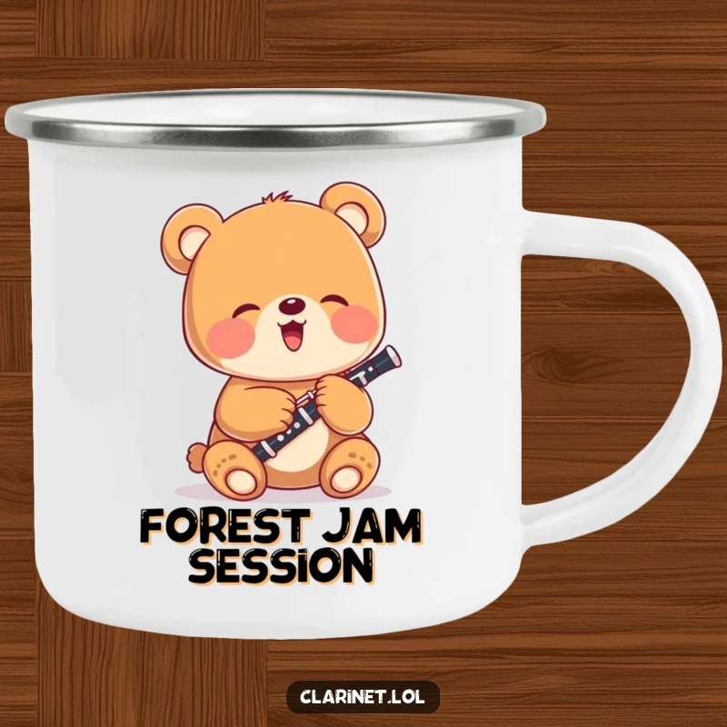 Funny bear cub playing a miniature clarinet, depicted on a rugged camping mug, ideal for outdoor enthusiasts.