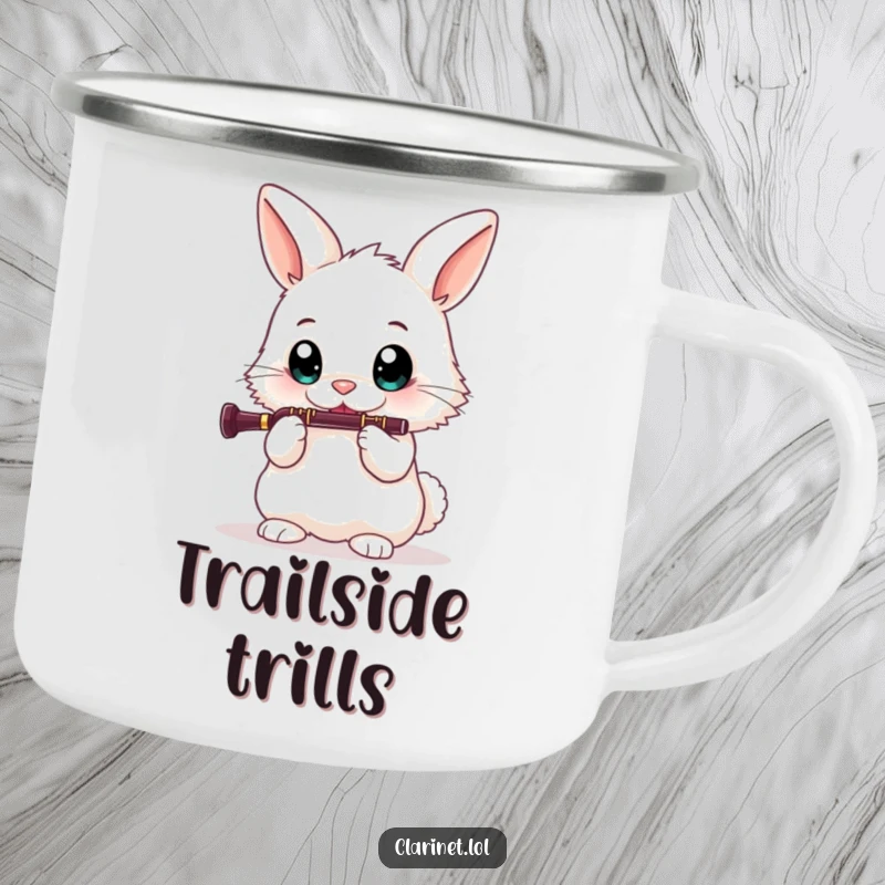 Funny camping mug featuring a bunny playing the clarinet, perfect for outdoor adventures and musical enjoyment with a humorous twist.