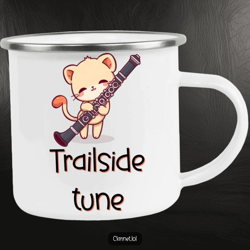 Funny camping mug of a shy creature peeking around a clarinet, tail wagging. Outdoorsy gift.