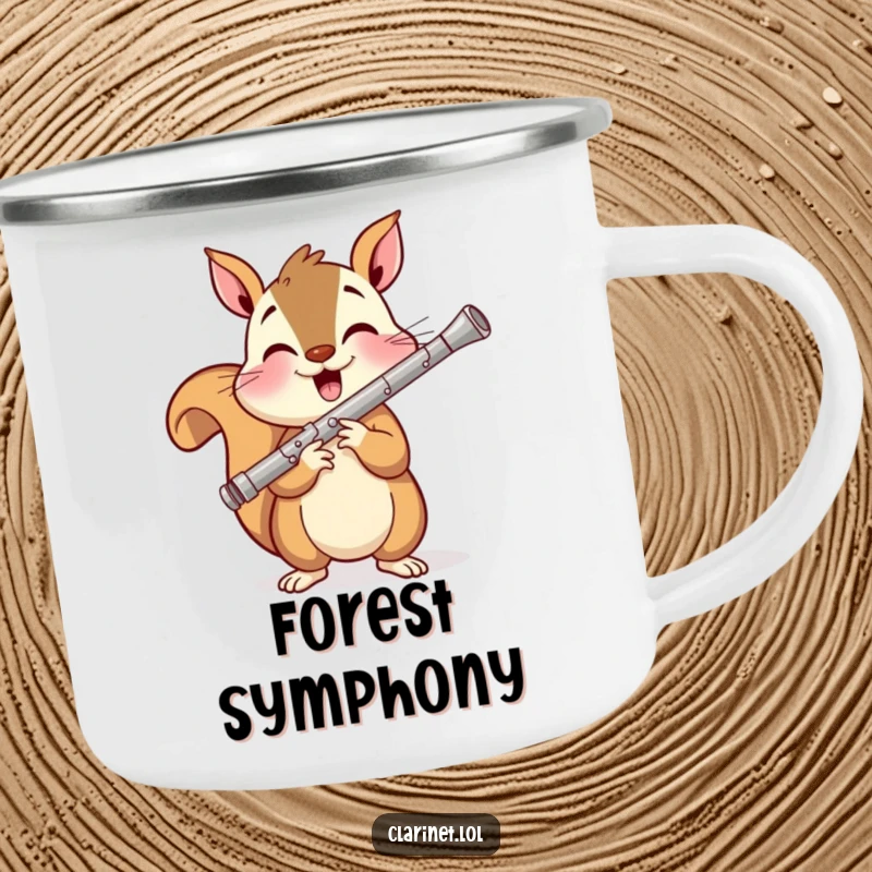 Funny camping mug with a cheerful squirrel playing clarinet, perfect for outdoor trips and enjoying music with a humorous vibe.