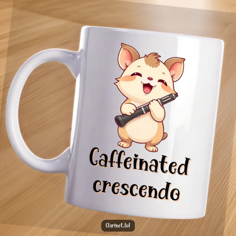 Funny mug of a small, energetic creature with tiny paws holding a clarinet high, beaming with concentration. Gift.