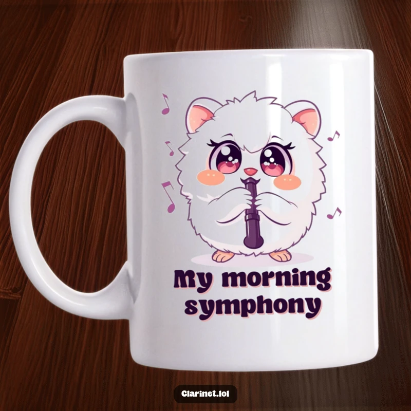 Funny mug of a round, fluffy creature with big eyes joyfully playing the clarinet with musical notes. A hilarious gift.