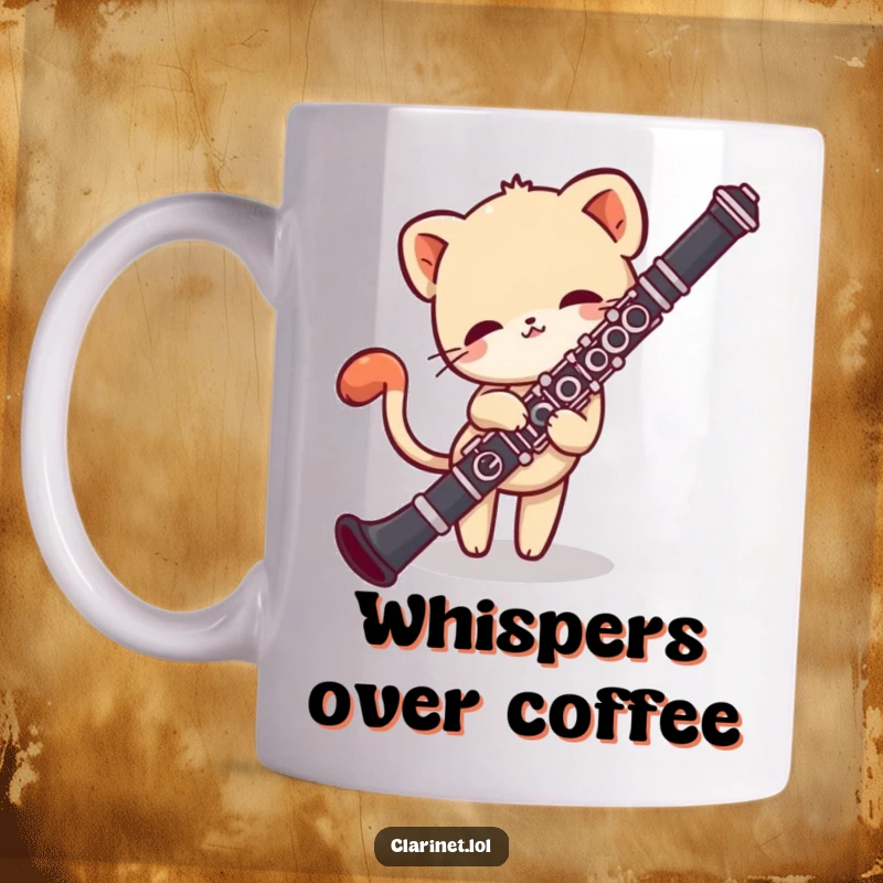 Funny mug of a shy creature peeking around a clarinet, tail wagging with musical curiosity. Cute gift.