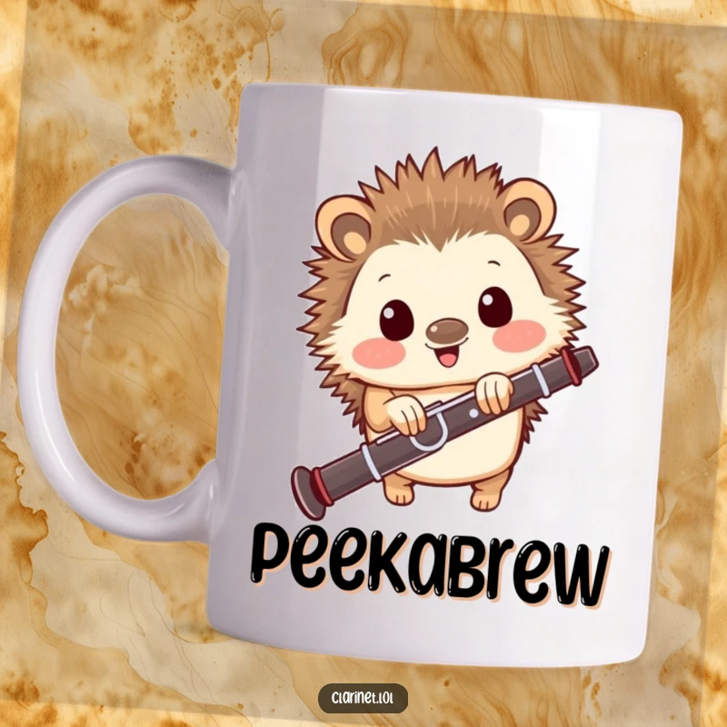 Funny mug featuring a happy hedgehog peeking from behind a clarinet, looking delighted, a great gift for music lovers.