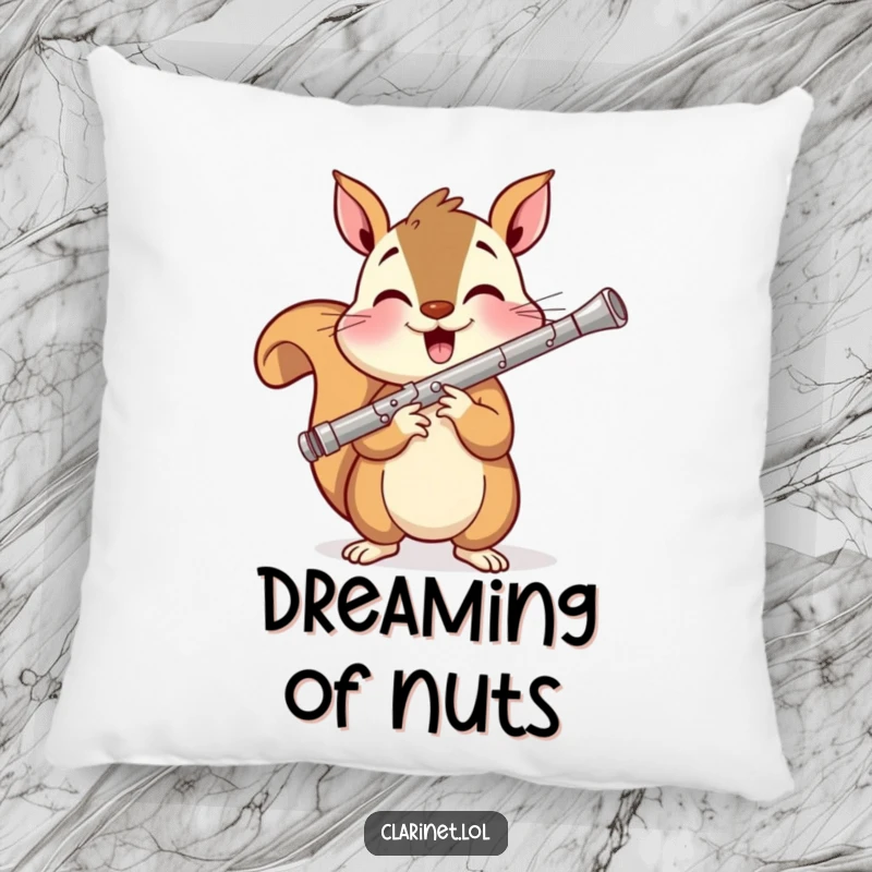 Funny pillow featuring a happy squirrel playing the clarinet, offering cozy comfort and a whimsical musical touch.