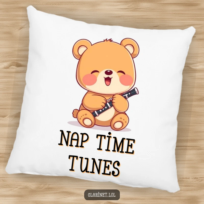Funny bear cub with a clarinet, presented on a plush pillow, offering comfort and a touch of humor to any seating area.