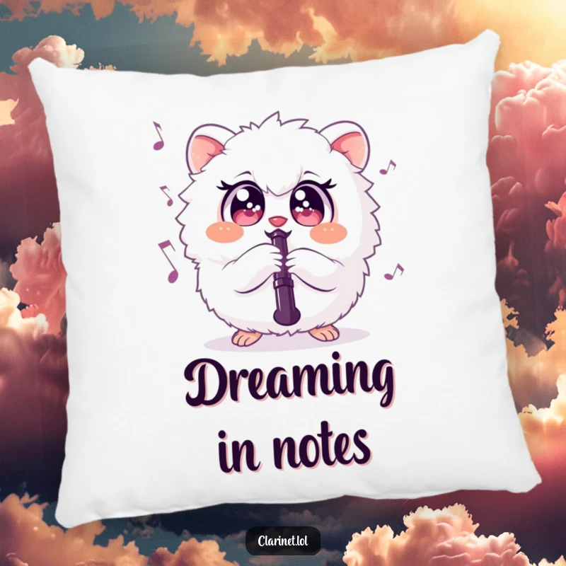Funny pillow featuring a plump, fluffy creature playing the clarinet with its eyes closed in musical bliss. Cozy gift.