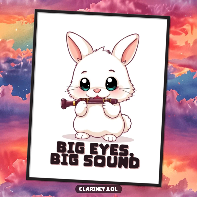 Funny digital art print of a fluffy bunny playing the clarinet, offering instant downloadable musical humor for vibrant wall decor.