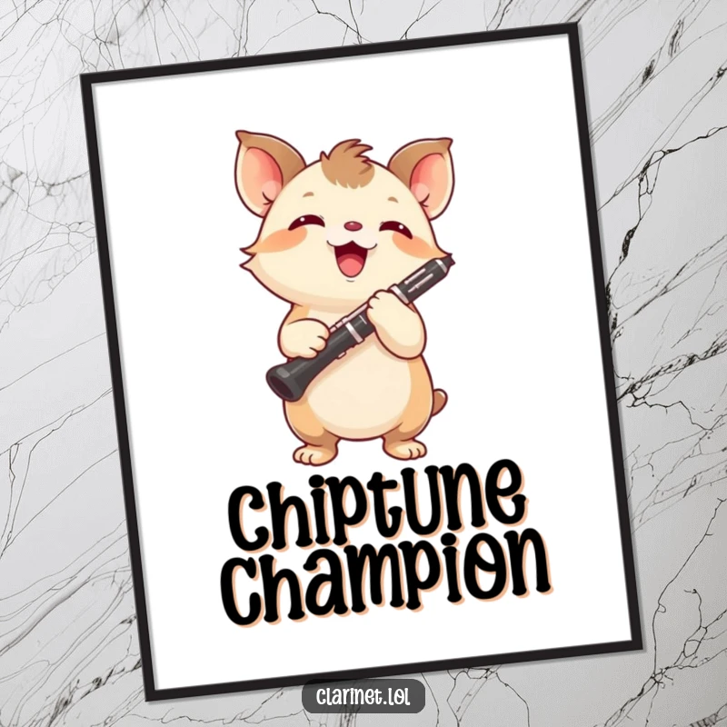 Funny digital art of a small, energetic creature holding a clarinet aloft, beaming with concentration. Motivational art.