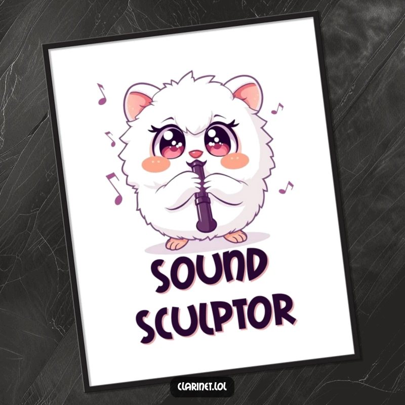 Funny digital art of a fluffy creature playing the clarinet, full of musical spirit and cute charm. Instant decor.