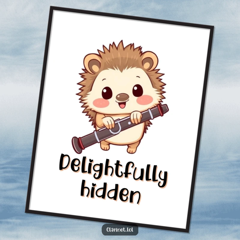 Funny digital art print of a happy hedgehog peeking from behind a clarinet, offering instant downloadable musical charm and delight.