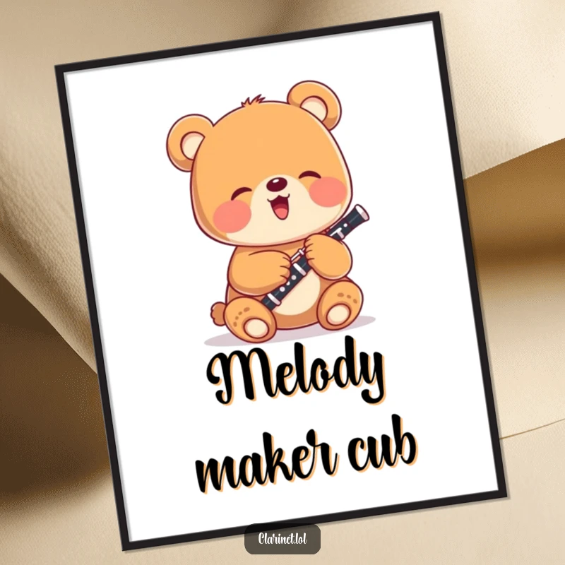 Funny bear cub gleefully playing a tiny clarinet, downloadable digital art print, perfect for humorous wall decor.