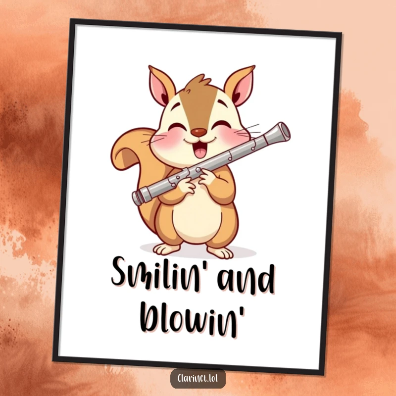 Funny digital art print of a cheerful squirrel playing a clarinet, offering instant downloadable musical humor and vibrant decor.
