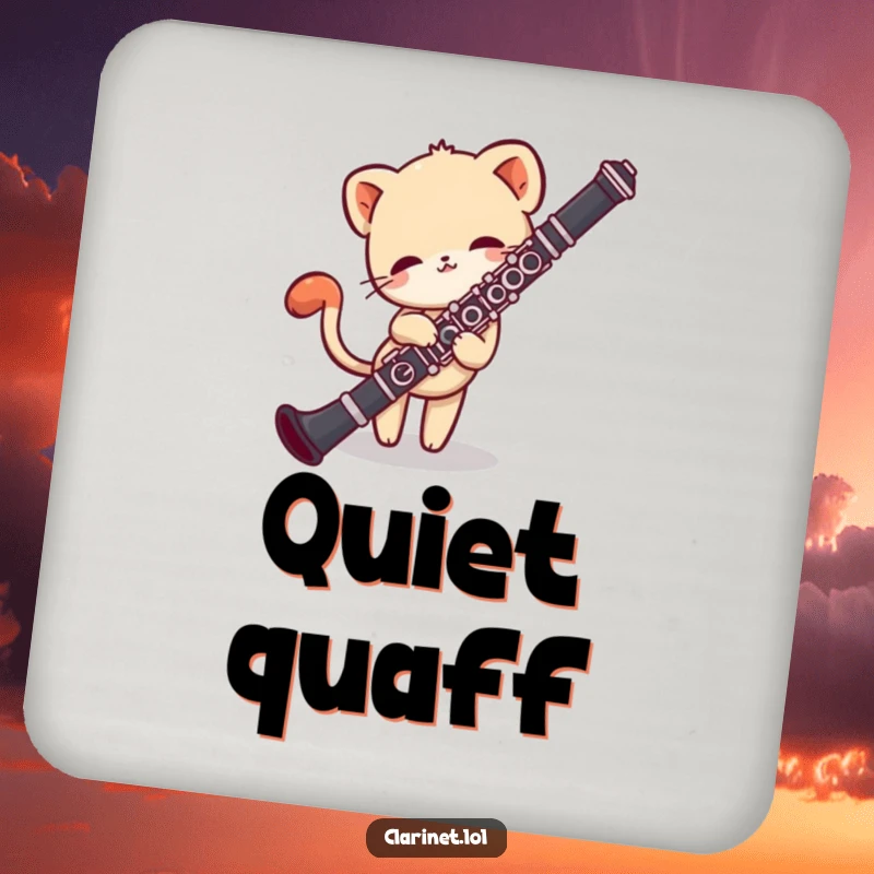 Funny drink coaster showing a shy creature peeking around a clarinet, tail wagging. Cute accessory.