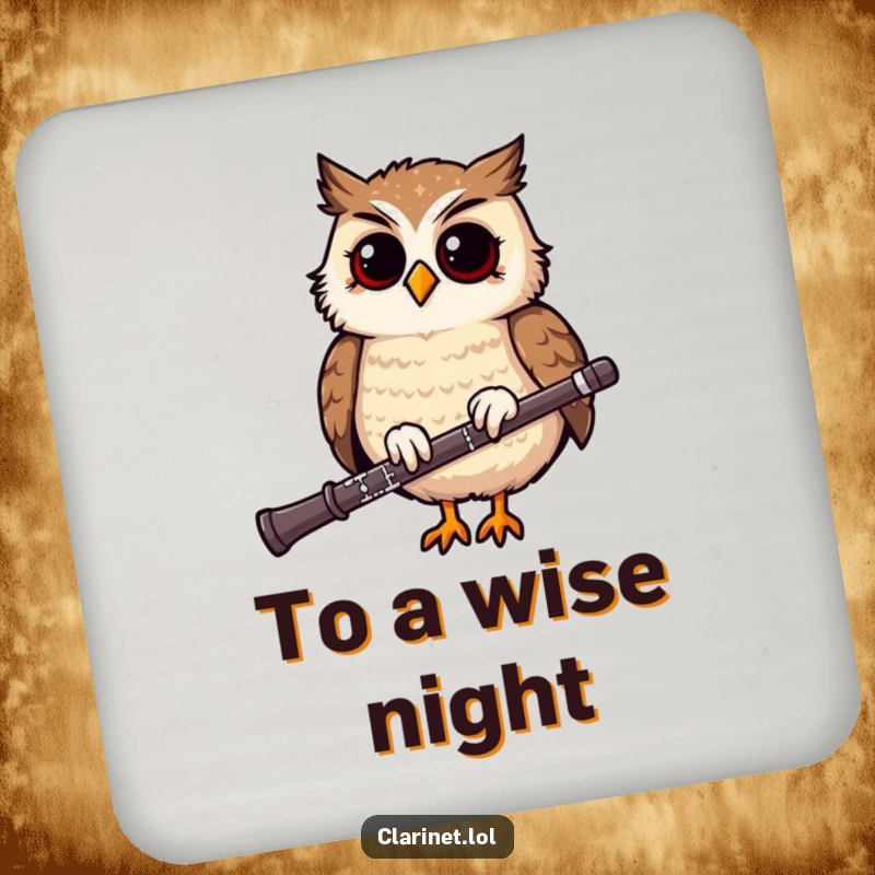 Funny coasters featuring a giggling owl bobbing on a clarinet, providing stylish surface protection with musical charm.