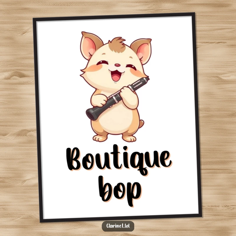 Funny poster print of a small creature with tiny paws gripping a clarinet, beaming with concentration. Art gift.