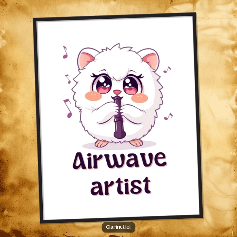 Funny poster of a round, fluffy creature with big eyes playing the clarinet, musical notes floating around. Hilarious decor.