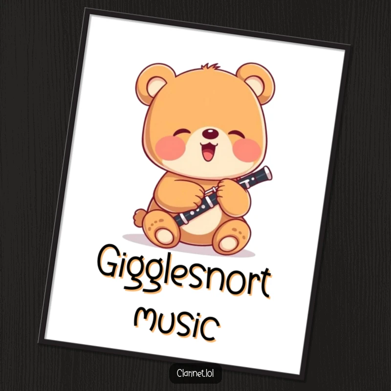 Funny bear cub giggling while playing a tiny clarinet, showcased on a vibrant poster, adding humor to any room.