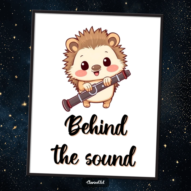 Funny art poster of a happy hedgehog peeking from behind a clarinet, creating a delighted and humorous musical atmosphere.