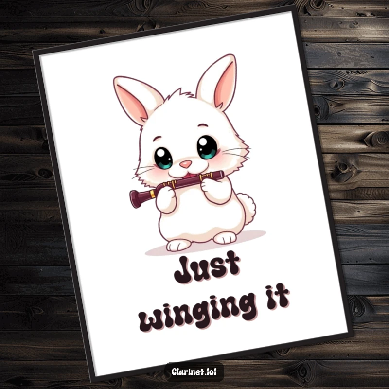 Funny art poster of a fluffy bunny playing a clarinet with big eyes, bringing cheerful musical vibes to any wall space.