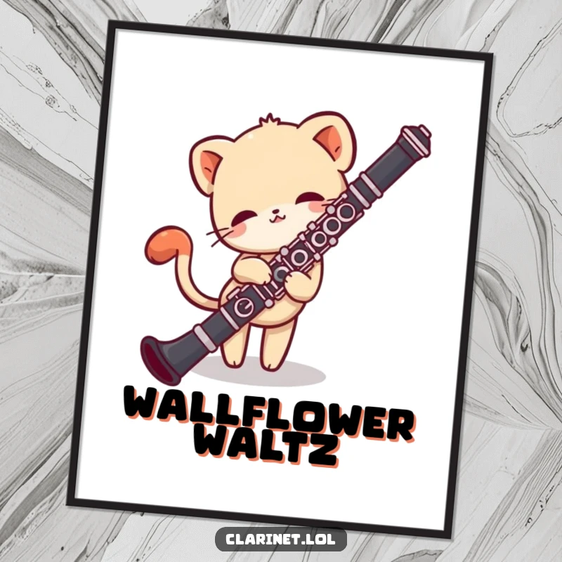 Funny poster featuring a shy creature peeking from behind a clarinet, tail wagging with curiosity. Cute decor.