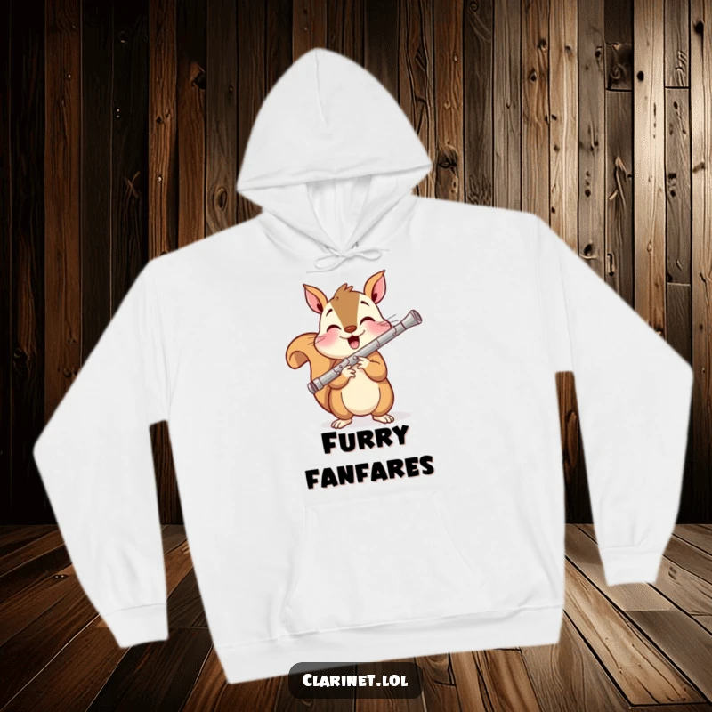 Funny hoodie featuring a happy squirrel playing clarinet, combining warmth with a humorous musical design for a great gift.