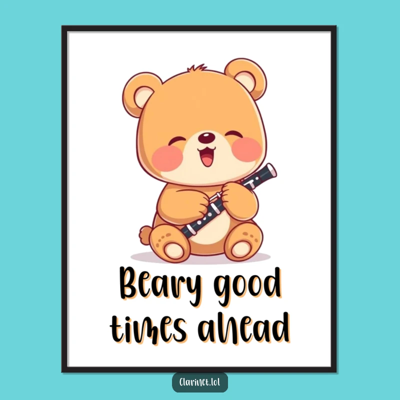 Funny Free Printable Wall Art: Giggling Bear Cub with Clarinet - Downloadable Art
