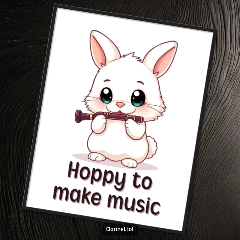 Funny Free Printable Wall Art: A fluffy bunny with huge eyes enthusiastically plays a clarinet, creating a musical masterpiece.