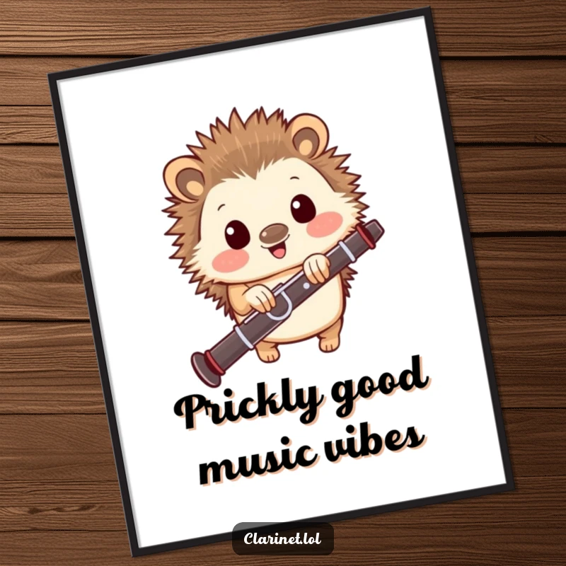 Funny Free Printable Wall Art: A happy hedgehog peeks from behind a clarinet, its eyes wide with delight.