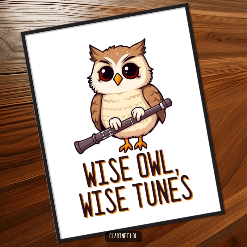 Funny Free Printable Wall Art: A giggling owl perched on a clarinet bobs its head rhythmically, creating a musical spectacle.