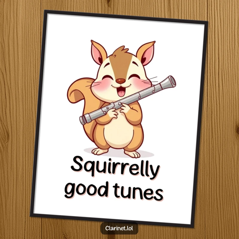 Funny Free Printable Wall Art: A joyful squirrel with a wide smile plays a shiny clarinet with energetic flair.