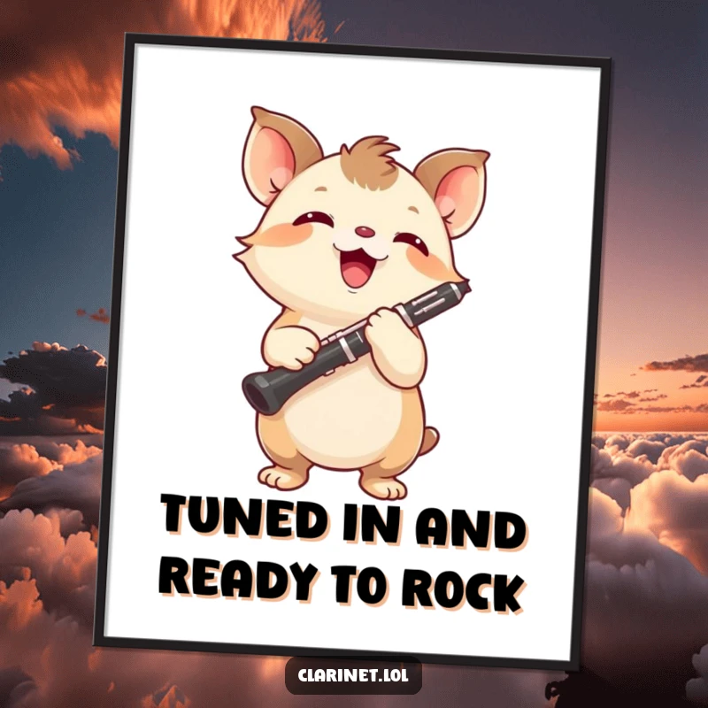 Funny free printable wall art of a small, energetic creature with tiny paws triumphantly holding a clarinet, beaming with focus.