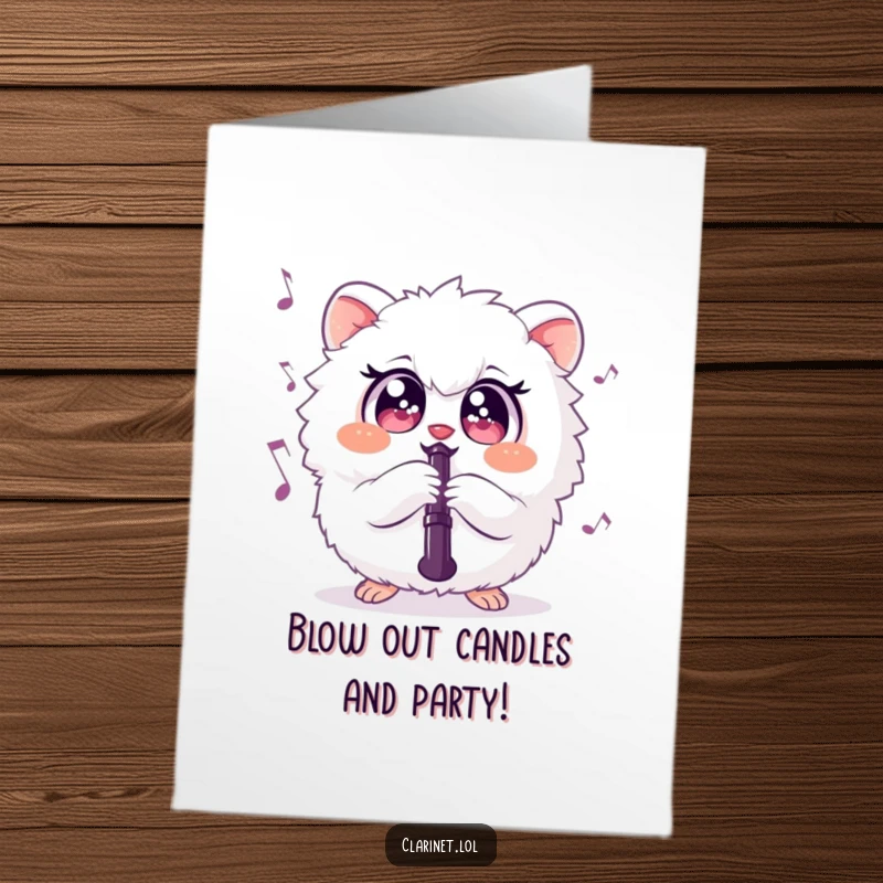 Funny free printable birthday card featuring a round, fluffy creature with big eyes playing a clarinet with musical notes flying out.