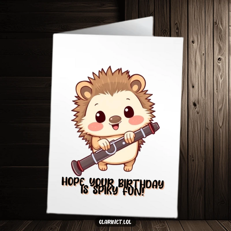 Funny Free Printable Birthday Card: A happy hedgehog peeks out from behind a clarinet, looking utterly delighted.