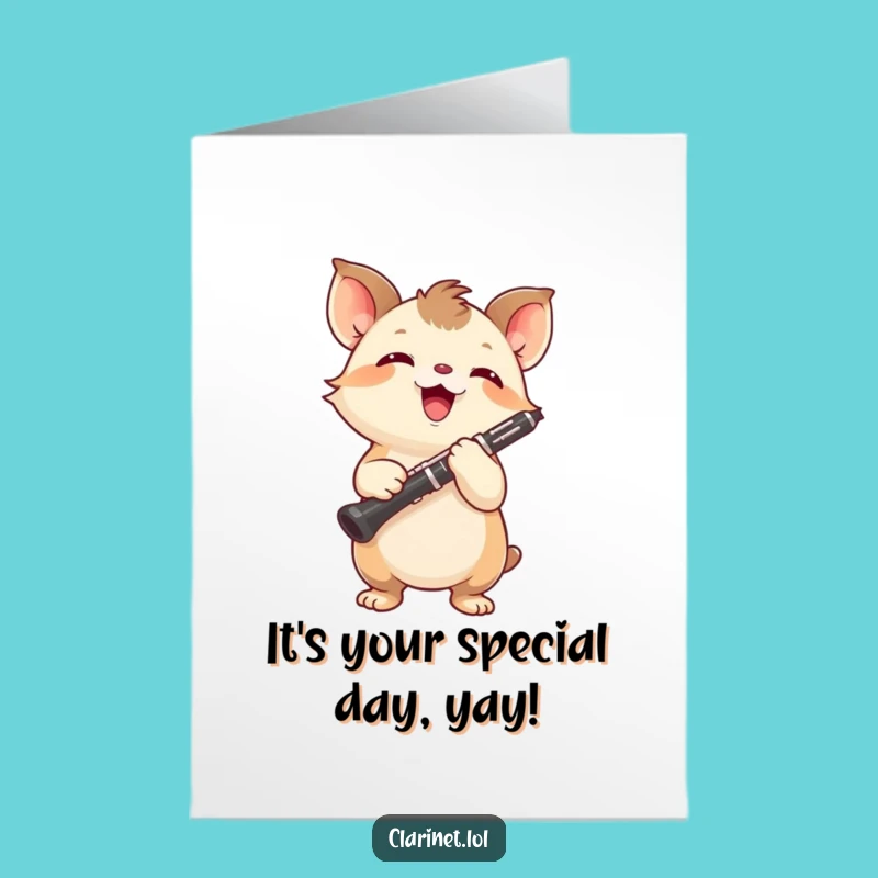 Free Printable Birthday Card: Energetic Creature Celebrates with Clarinet - Fun Download Gift
