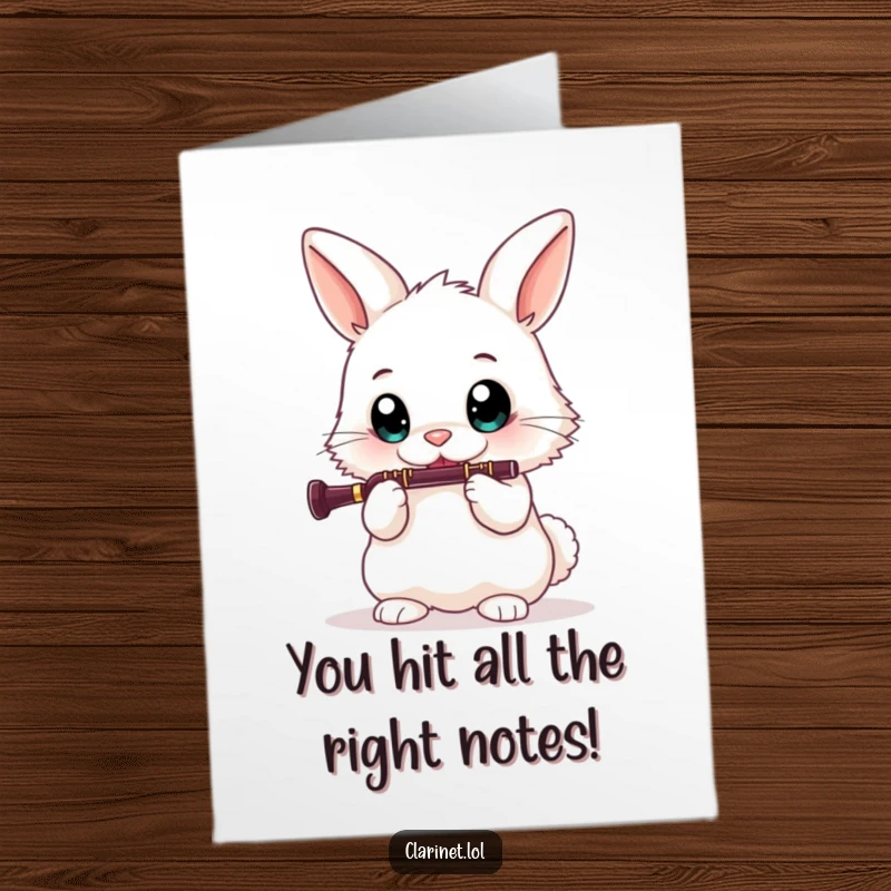 Funny Free Printable Congratulations Card: Enthusiastic bunny with wide eyes plays a clarinet, cheering for success.