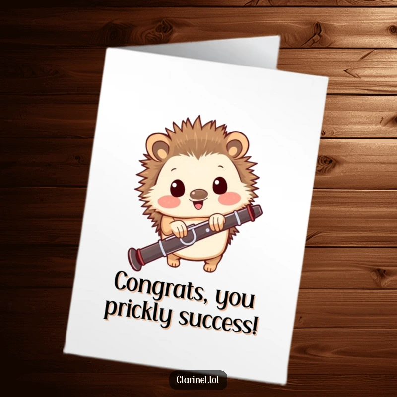 Funny Free Printable Congratulations Card: A happy hedgehog peeks from behind a clarinet, expressing delight and congratulations.