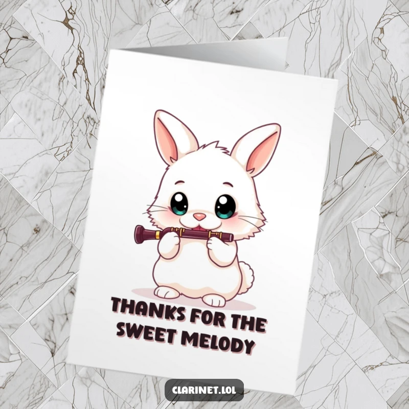 Funny Free Printable Thank You Card: A fluffy bunny with round eyes plays the clarinet, expressing sincere thanks.