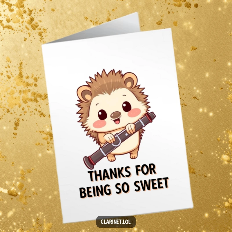 Funny Free Printable Thank You Card: A happy hedgehog peeks from behind a clarinet, looking delighted to say thank you.