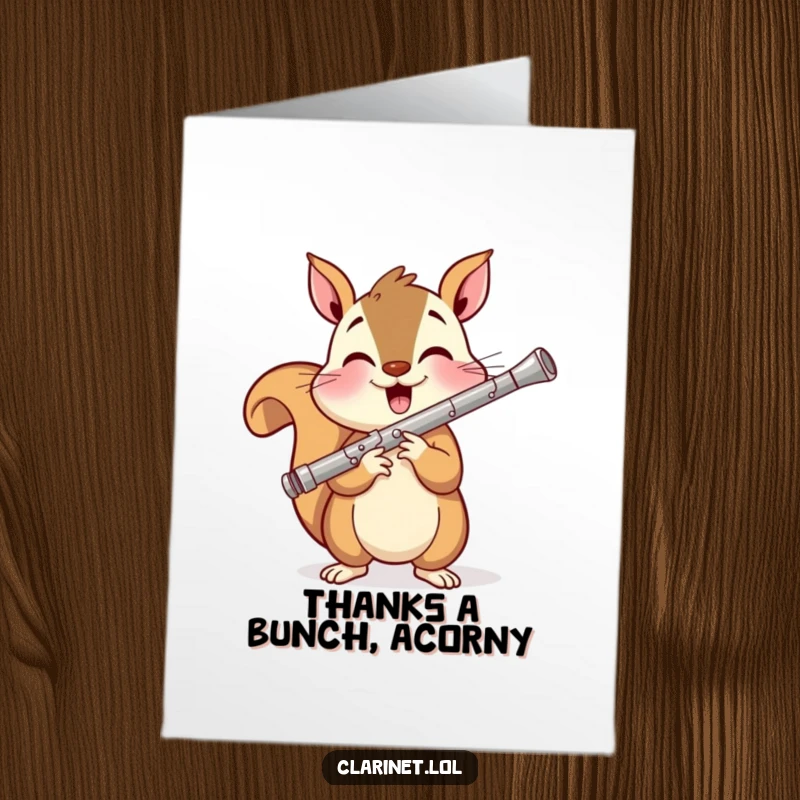 Funny Free Printable Thank You Card: An energetic and smiling squirrel plays a shiny clarinet, conveying heartfelt thanks.
