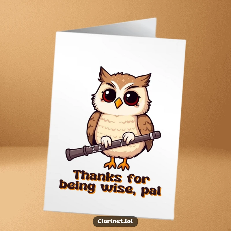 Funny Free Printable Thank You Card: A giggling owl enjoys playing the clarinet, bobbing its head rhythmically to say thanks.