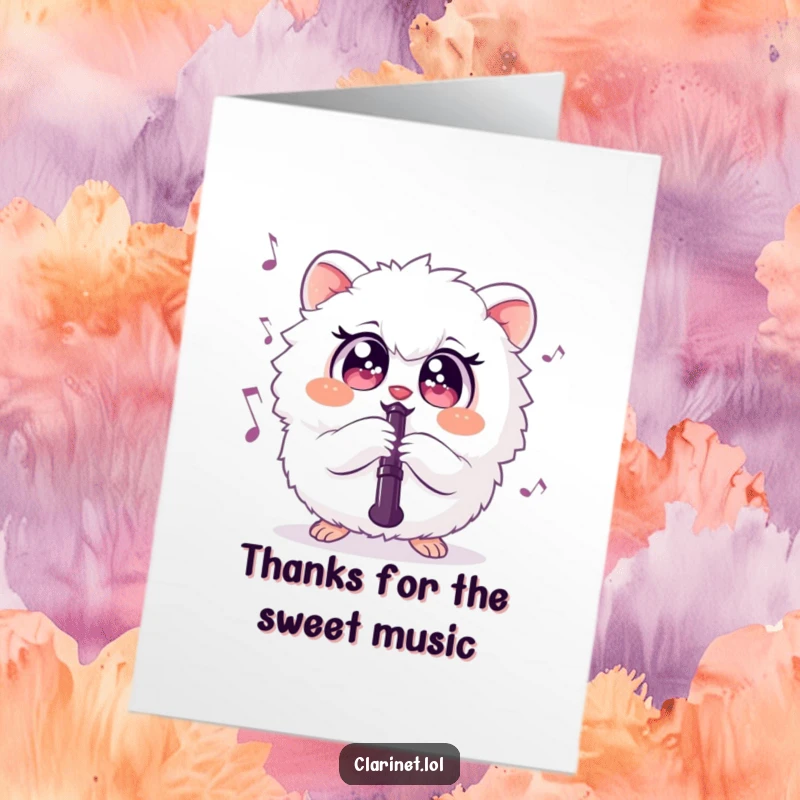 Funny free printable thank you card depicting a fluffy, round creature enthusiastically playing the clarinet with musical notes.