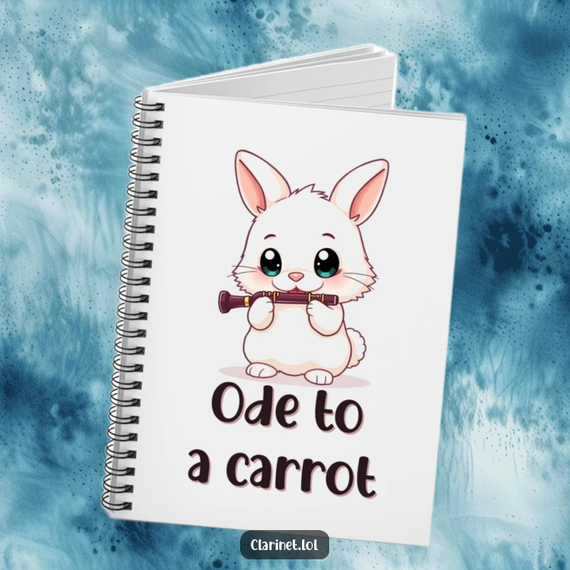 Funny notebook with a bunny playing clarinet, ideal for jotting down notes, ideas, or practicing music with a touch of humor.