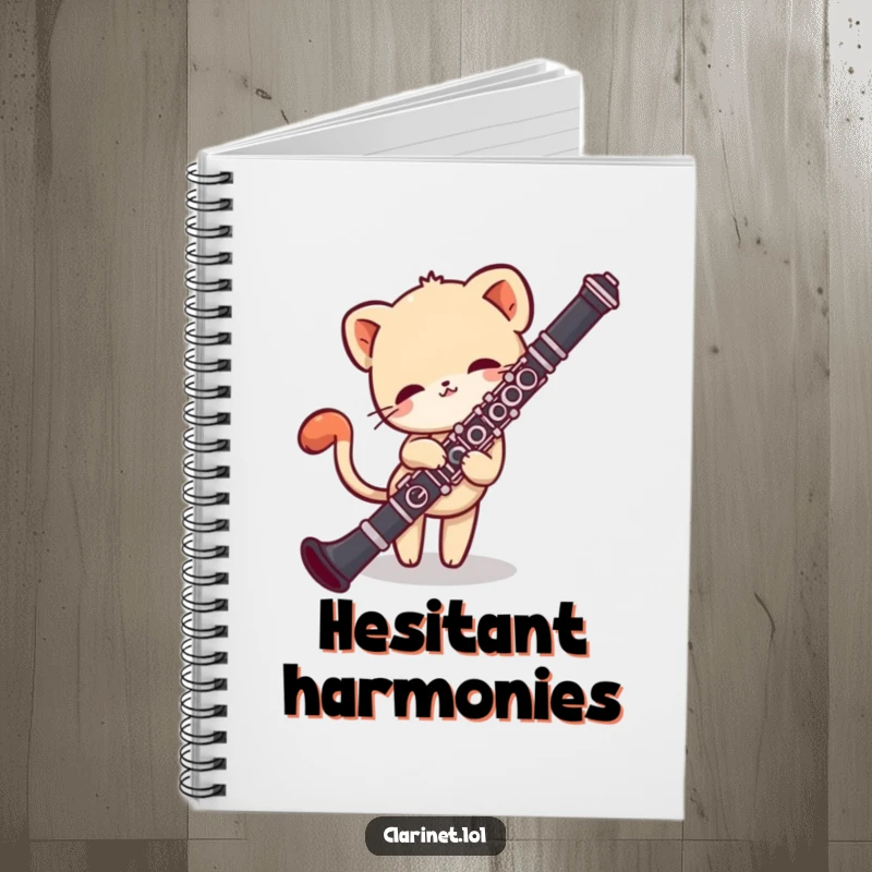 Funny notebook cover with a shy creature peeking from behind a clarinet, tail wagging. Ideal for notes.