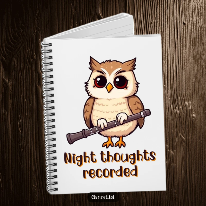 Funny notebook featuring a giggling owl bobbing on a clarinet, perfect for jotting down musical ideas with humor.